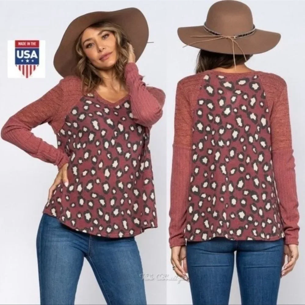 Burgundy Leopard print Color Block TOP - Picture 1 of 8